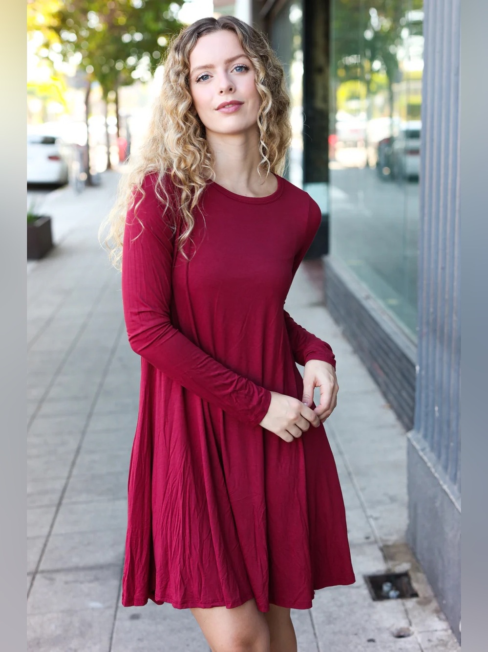D290 Beeson River Burgundy Solid Pocketed Long Sleeve Dress